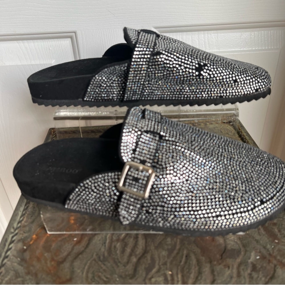 Bamboo Sparkling Silver Slip-On Buckle Mules